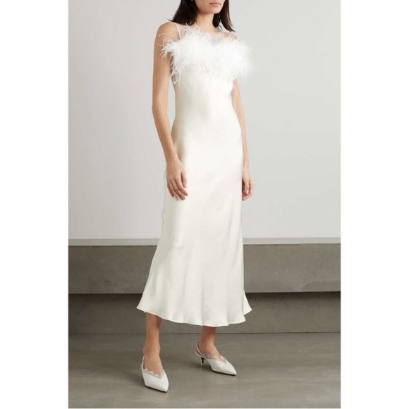 Sleeper White Boheme Feather Trim Slip Dress